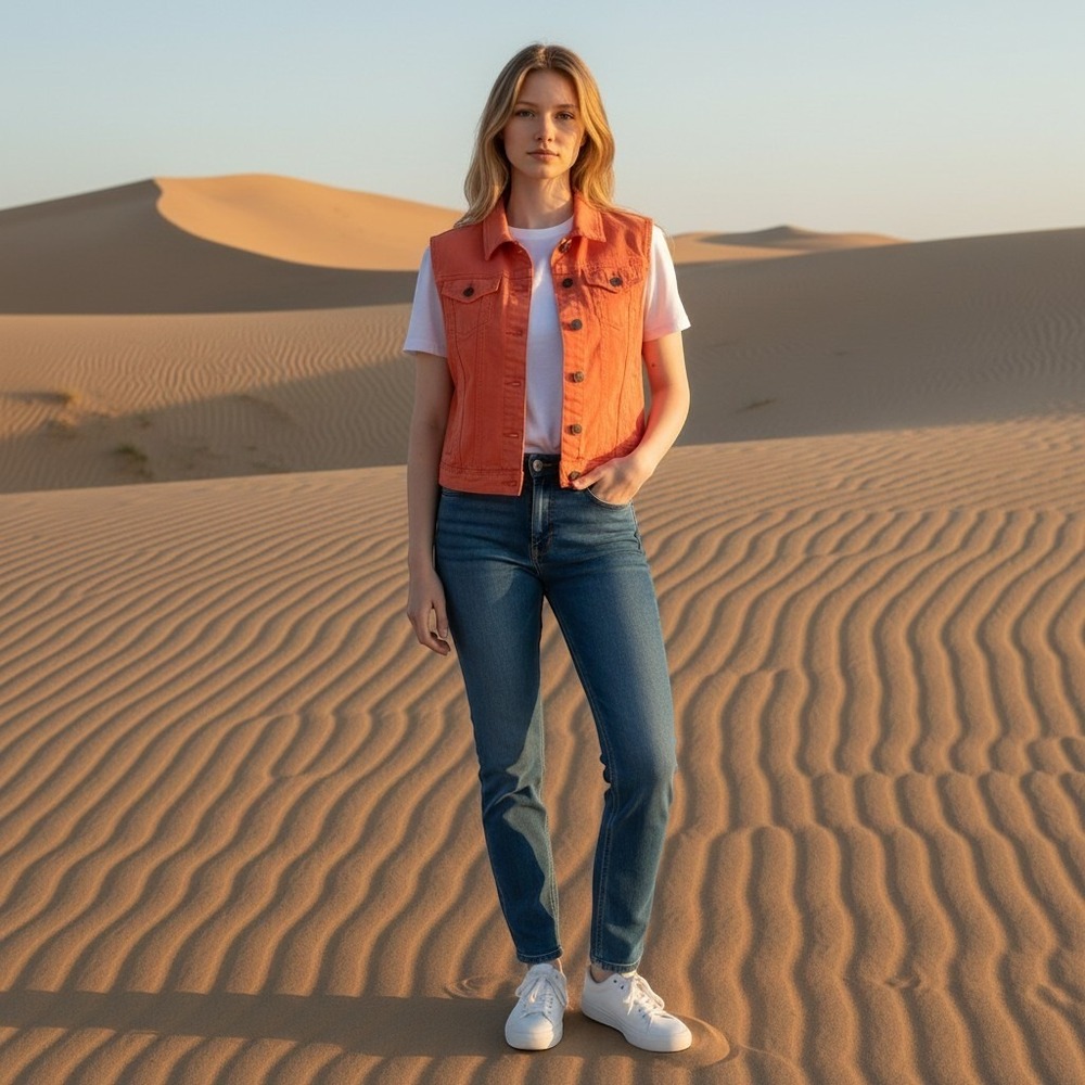 BEVERLY HILLS POLO CLUB Denim Vest Women M Orange Button Up Cropped Casual